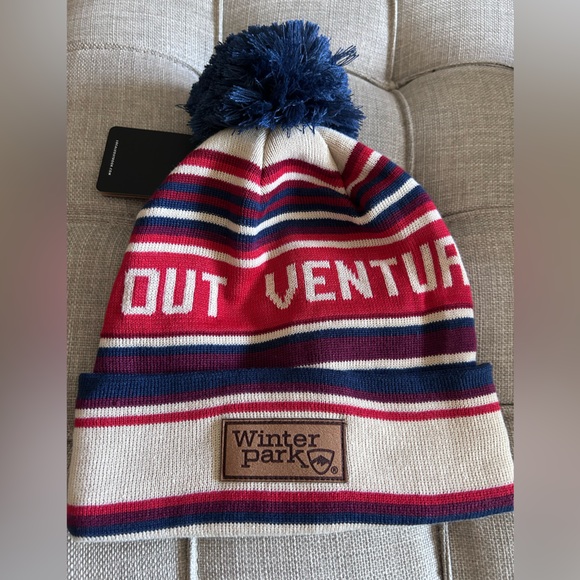 Locale Accessories - Winter Park Red and Blue Striped Pom-Pom Beanie